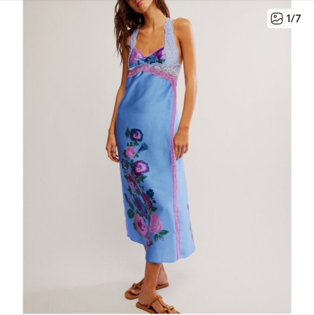 Free People Blue Floral Lace-Trim Maxi Dress